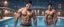 Placeholder: hyper realistic extremely shirtless muscular handsome short black hair men smiling in a swimming pool at snowfall night