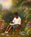 Placeholder: Abstract painting wealthy young african American boy reading in garden