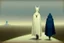 Placeholder: two people in capes and hoods seen from behind walking side by side in an empty foggy plain, above there is blue sky by artist "Leonora Carrington",by artist "Christian Schloe"