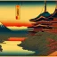 Placeholder: Ukiyo-e Style , mount fuji, sun set