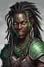 Placeholder: dungeons and dragons character portrait of a shifter female warrior with black skin, dreadlocks, big fangs and green eyes.