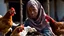 Placeholder: young village eurepen woman in a long village cloth with head scarf back to the camera feeding chickens in the yard, Photorealistic scene, ultra detailed, high realistic, epic, perfect photo