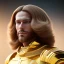 Placeholder: beautiful cosmic golden male, long hair, nice smiling, delicate colors, beautiful glamour galactic golden dress, ultra sharp focus, 8k, unreal engine 5, extremely sharp detail, light effect, soft light atmosphere of a spaceship, smooth, full of details, face in front, complete vision of face and body