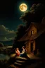 Placeholder: A medieval village, a river, a young boy and a young girl sitting outside a small farmhouse looking at the sky, in awe of God’s creation and God’s mighty power, Full moon, beautiful celestial sky, Milky Way, hyper-detailed art by Ivan Kramskoi. Modifiers: elegant intricate oil on canvas beautiful high detail award winning fantastic view crisp quality hdr Evolution steps: (See in details)