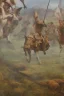 Placeholder: detailed oil painting, renaissance style, of mounted knights galloping across an open field, swords in hand, mountains in distance