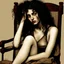 Placeholder: Breathtaking arab 30 years old woman with pale skin she is sitting on an old chair and has a tiny tanktop from the waist up, she has long black curly hair, petite figure, wide hips, prominent nose, thick lips, she has just been slapped around, by Egon Schiele, gustave dore, david mann, retro vintage style, hd photography, hyperrealism, graphite pencil drawing, realistic, natural, b&w illustration, fine art, beautiful watercolor painting, realistic, detailed, by olga shvartsur, svetlana novikova