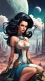 Placeholder: exotic sci-fi pin-up girl, with long dark hair, on an alien planet with cloud trees, tall spires and buildings