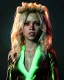 Placeholder: portrait, Shakira, blonde artist, angry, Realistic image, MMA robe, hoodie, mma gloves, loose long hair, eyes, makeup, gold line make up, moisture, sweat, fog, goddess, Neon colors, leds. Black background, photo studio, concept art, smooth, unreal engine 5, god lights, ray tracing, RTX, lumen lighting, ultra detail, volumetric lighting, 3d, finely drawn, high definition, 4k.