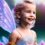 Placeholder: enlighten, light pink colors, the whole body of a beautifull CHILD with happy smiling blond bright fairy with wings, blue eyes , crystals, blue gold dress, blue sky, flowers landscape all colors trees pink, , water river . 8 K, fantasy