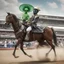 Placeholder: An alien jockey riding a horse in the Kentucky Derby