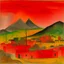 Placeholder: A red town near a fiery volcano painted by Paul Klee