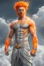 Placeholder: full body picture of a slim muscular god with galaxy's in his eyes, glowing orange hair that looks like it's made of the sun, a light gray body made of clouds with glowing cracks of orange within it in cloud patterns, he wears greek god like clothing that looks as if it's made of ice and water. realistic 4k