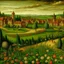Placeholder: A green grassy town with flowers painted by Leonardo da Vinci