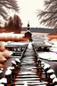 Placeholder: it's the beginning of winter, it's snowing lightly. 21st century. Russian countryside. Two hunters and a dog in a boat approach a completely destroyed wooden bridge over a river leading to a village, with several wooden piles sticking out of the water. A dilapidated Orthodox church stands on the right bank. High quality image in 8K format.