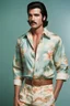 Placeholder: Elvis Presley with medium length bob-styled brown hair, a mustache, wearing a Hawaiian shirt and Bermuda shorts- well-lit, UHD, 1080p, professional quality, 35mm photograph by Scott Kendall