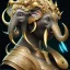 Placeholder: Sango fantasy, fantasy magic, intricate, sharp focus, illustration, highly detailed, digital painting, concept art, matte, art germ and Paul Lewin and Kehinde Wiley, masterpiece black elephant head bronze monkey Asian African girl nice breast Hawaiian hair turquoise golden waves