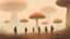 Placeholder: Genera una fotografía intrigante, en la que un grupo de extrañas personas es atraída por una extraña nave extrarrestre con forma de hongo gigante y pequeños hongos luminosos sobrevuelan alrededor. Con una iluminacion evocadora y mucha neblina. con una paleta de colores cálida