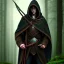 Placeholder: Male, Dark hair, Digital Art, Bow in hand, Hooded Cloak, Dark Forrest background