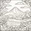 Placeholder: coloring page of A Volcano with flowers behind ,line art landscape,stone,cute flowers,cute trees, much details, dark outlines,vector --ar 2:3