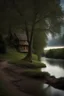 Placeholder: image related to house in the wood by a river bank. Tree on the riv