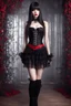 Placeholder: Full-body shot, of slender emo woman, standing, long straight brunette hair with bangs, fair skin, red lips, slender, short skirt, corset, stockings. fantasy background