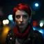 Placeholder: Portrait of a young caucasian woman with dark red pixie hair and blue eyes, wearing a red scarf and a black leather jacket, with a threatening look in a city at night