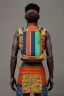 Placeholder: futuristic baby carrier in Kente, rusted clocks eyes, cinematic, scaffolding, ghana flag, african pattern symbols, black star, engraved, 8k quality