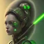 Placeholder: A beautiful portrait of a single minded cute cyberpunk woman, wolf haircut lime green color scheme, high key lighting, volumetric light high details with a lizard like alien with feathers. 3/4 torso. Portrait with a light saber and single solid chestplate