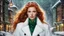 Placeholder: (snowmaiden [Brittany Robertson | Rachelle Lefevre]), white coat, ginger hair, green eyes, snowstorm, (fantasy city) background, art by [Todd Schorr | Iryna Yermolova]