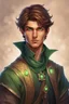 Placeholder: handsome twenty nine-year-old sorcerer, with tanned skin, brown hair and green eyes, with a kind face