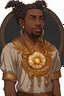 Placeholder: 38 years old black man, elf, brown color eyes, brown small puffy curly ponytail, wears ringmail, necklase with a symbol of sun, no earings