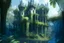 Placeholder: gothic house with balconies and turrets and towers, in a jungle clearing, with dense foliage, pathway and river, Spanish moss, blue sky photorealistic