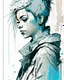 Placeholder: portrait of a tired and sad cyberpunk woman; front view, ink line art on used newspaper, tint leak, ((((splash art)))), light weak pastel colors of light baby blue and drab and beige