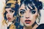 Placeholder: Poster in two gradually, a one side the Singer Danish MØ face and other side the Singer Melanie Martinez face, painting by Yoji Shinkawa, darkblue and gold tones,