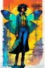 Placeholder: Hand drawn technical,full body portrait illustration , with detailed blueprints and engineering schematics of a walking Madagascan sunset moth insect girl, in the comic book art style of BILL SIENKIEWICZ and JEAN GIRAUD MOEBIUS, with highly detailed facial features, drawings, and technical notation, 8k, vibrant natural colors