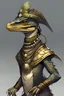 Placeholder: anthropomorphic monitor lizard, female, she is wearing a feathered headdress and necklace as well as wearing leather armor. she has upright posture and is in the middle of casting a spell with dark magic