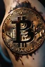 Placeholder: A Bitcoin logo is burned into the skin of a man by a branding iron. It's dramatic and happended in the moment, close view. The mark is on the mans inner forearm and It is still hot and steam can be seen from the burn mark. Super realistic, dramatic, 8k