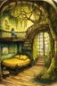 Placeholder: Horror Movie Illustrations,&SA,color engraving,crayon drawing,magical landscape through the lens, darkening effect, film aging effect, dry watercolor,vintage,round cozy royal room in the tower, tree roots sticking out of the walls,a dragon is painted on the wall,bed,gold,flowers on the table,flowers around, bed,stairs,saturated color,Marina Puzyrenko style,star map style,very close-up, f4, 1/260, intracate details, realism, detail.