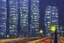 Placeholder: Night, futuristic buildings near trees, highway, people, sci-fi, impressionism, ealistic painting