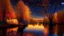 Placeholder: River, trees with golden and red leaves, autumn, a beautiful night sky, visible galaxies