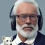 Placeholder: old man with glasses, with dog travels the universe of sound, photorealistic, 8k