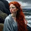 Placeholder: Gorgeous fine laced-drapped beautiful forlorn woman with red hair, hyper-realistic eyes her body looking out to sea with her arms covering her upper body, her iridescent body shimmering in the low rainy light sky hyper-realistic portrayal, long flowing hair cascading elegantly, walking amongst the rugged rocks and waves crashing dramatically against her boy hyper-detailed oil on canvas, reminiscent of old Masters' style, wallpaper and poster art, highly intricate photography, rich colors of, sof