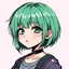 Placeholder: retro anime art style,a short hair girl,cute,green hair color,metal,thin lines,wild art,disturbing,Yandere,kawaii,Pixelated