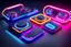 Placeholder: detail shot of 4 plastic gadgets: 3 grouped together on left side, 1 right, hyperrealistic 16k, 3d rendering, expressively detailed, dynamic light, neon lighting,