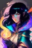 Placeholder: anime woman with black hair, mage, colorful