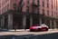 Placeholder: A Tesla 'Model S' is parked, near the building of the 'Friends' series in New York. (CINEMATIC, WIDE ANGLE LENS, PHOTO REAL)