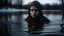 Placeholder: A woman with an evil face, horror, drowns the child in the lake. Winter, frozen lake, dark