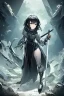 Placeholder: Anime girl with short black hair and sharp green eyes, holding a pike, full body black and white metal plate armour, full body shot, Dramatic lighting,1woman, soaked in blood, Warrior, standing pose, sword at the waist, close shot, lean body,