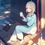 Placeholder: anime girl sitting on a porch swing of an old house, wearing pajamas, drinking a cup of coffee, writing in a book, shes watching it rain, more detail on hands and her face,shes deep in her thoughts