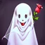 Placeholder: Vintage sheet Ghost animation, rubberhose drawing style, cute ghost with a rose alone on a street, cartoon art, hand drawn, cute horror, overexaggerated